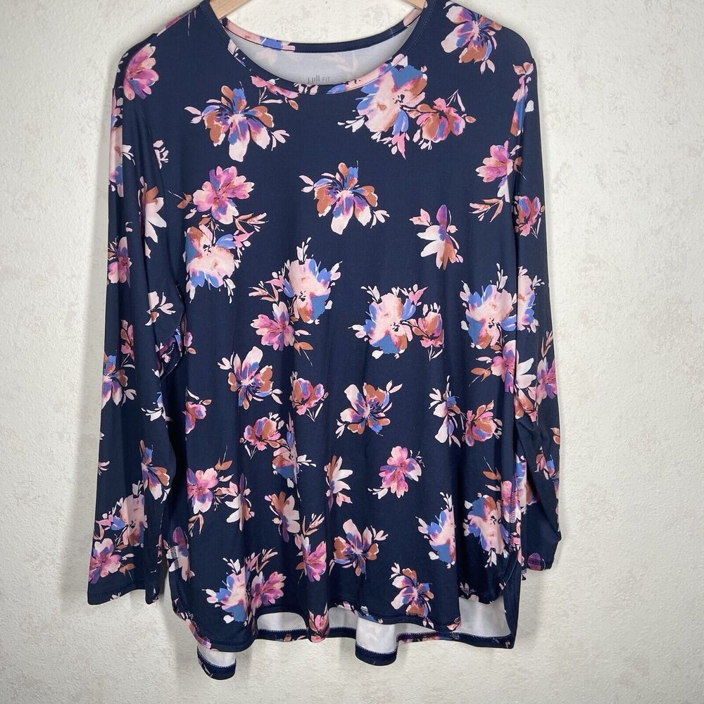 J. Jill Fit Performance Long-Sleeve Tee XL Blue Floral Top